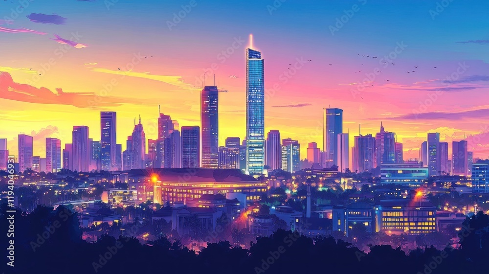 Fototapeta premium Cityscape sunset, vibrant towers, birds flying, stadium, illustration