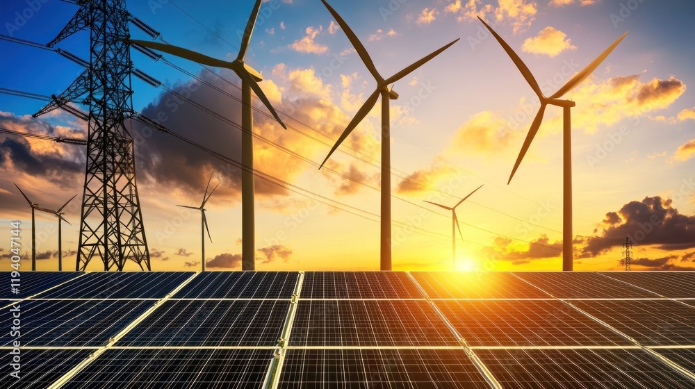 Renewable energy landscape with wind turbines and solar panels at sunset. Renewable energy landscape with wind turbines and solar panels at sunset.