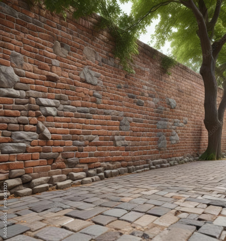 A brown brick wall with a natural stone pavement and surrounding trees, paved area, greenery surround , garden feature A brown brick wall with a natural stone pavement and surrounding trees, paved area, greenery surround , garden feature