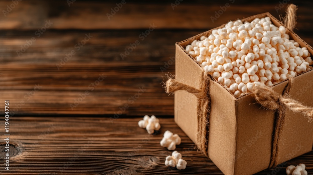 Delicious Popcorn in a Rustic Brown Paper Box on a Wooden Table, Perfect for Snacking or Gifting Delicious Popcorn in a Rustic Brown Paper Box on a Wooden Table, Perfect for Snacking or Gifting