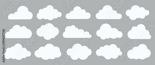 Set of 16 white cloud icons on a gray background. Various cloud shapes, cloud patterns, and cloud designs. Perfect for weather, sky, and nature themes. Weather element vector set.