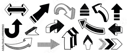 A collection of black and white arrows in various styles and directions. Arrows pointing up, down, left, and right. Bold arrows, sketch arrows, and 3D arrows. Hand drawn elements, vector set.