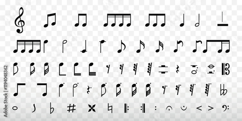 A collection of musical notes and symbols, featuring various note designs, rests, and clefs. Musical notes and symbols in a clear, detailed arrangement. Music elements, vector set.
