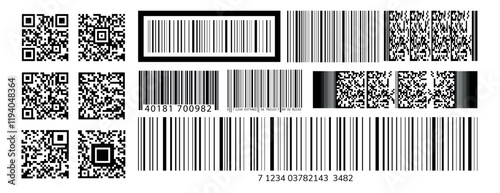 Collection of various barcodes and QR codes. Includes different styles of barcodes and QR codes. Black and white barcode and QR code designs. Electronic payment elements, vector set.