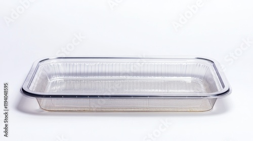 A clear, rectangular disposable food container with a lid, often used for takeout or storage.