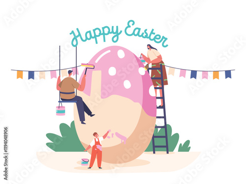 Tiny Mother, Father and Boy Painting Huge Egg for Spring Holiday. Happy Family Mom, Dad and Kid Prepare for Easter
