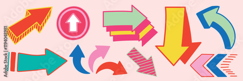 Colorful arrows in various shapes and sizes, including curved, straight, and zigzag designs. Bright arrows in orange, blue, and green patterns. Colorful elements vector set.