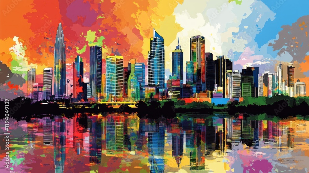 Obraz premium Colorful cityscape reflected in water, vibrant sunset