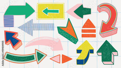 Colorful arrows in various shapes and sizes, including curved, straight, and zigzag designs. Bright arrows in orange, blue, and green patterns. Colorful elements vector set.