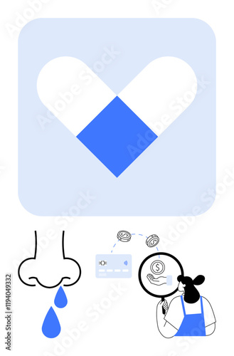 Overlapping healthcare and finance, image shows a nose with tears, a heart symbol, and a person analyzing money with a magnifying glass. Ideal for themes of health costs, allergies, medical expenses