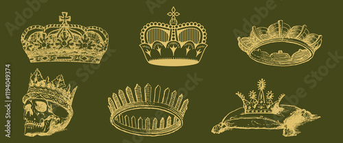 Vintage crown illustrations on a green background. Various crown designs, including ornate and simple styles. Royalty and regal themes in crown sketches. Vintage elements vector set.