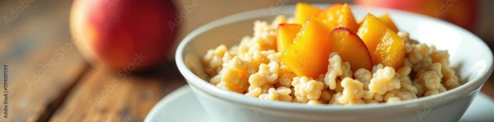 Oatmeal and peach combination in a shallow white ceramic bowl, peaches, morning meal Oatmeal and peach combination in a shallow white ceramic bowl, peaches, morning meal