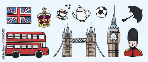 Illustration of British symbols: Union Jack, crown, tea set, soccer ball, umbrella, red bus, Tower Bridge, Big Ben, and guard. British culture icons. London travel illustrations vector set.