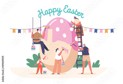 Happy Family Prepare for Easter Celebration. Tiny Parents, Granny and Children Girl and Boy Painting Huge Egg
