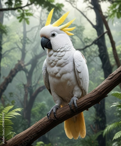 A cockatoo perches on a branch overlooking the rainforest floor , Cockatoo in Rainforest, Birdlife