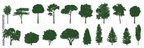 Silhouettes of various tree types, including deciduous and coniferous trees. Tree silhouettes in different shapes and sizes, showcasing diverse tree forms. Silhouette forest elements, vector set.