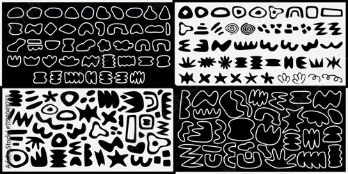 Abstract shapes in black and white. Geometric and organic forms create a dynamic pattern. Shapes vary in size and style, forming a unique abstract design. Black and white vector set.