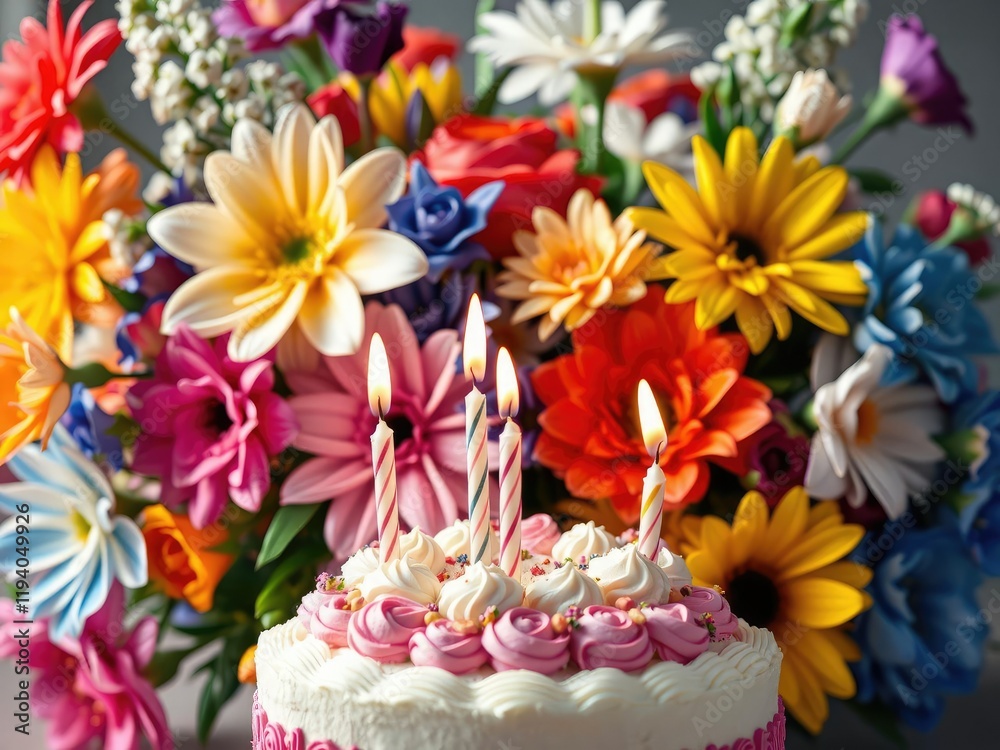 A colorful bouquet of flowers in the background with a few candles and a birthday cake, cake, candles