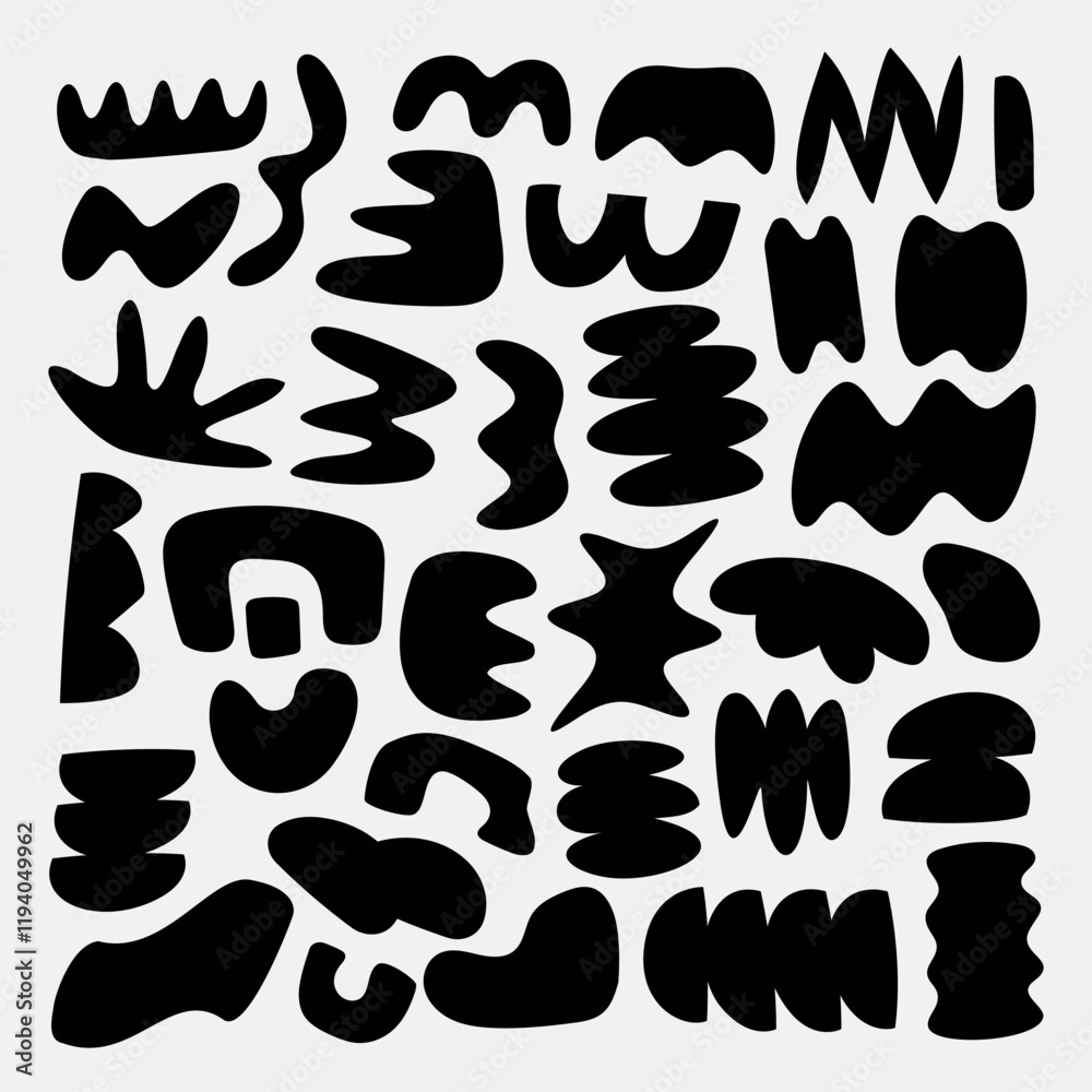 Abstract black shapes on a white background. Various abstract forms, abstract design, abstract art. Bold, abstract, and modern shapes in black. Black and white vector set. Abstract black shapes on a white background. Various abstract forms, abstract design, abstract art. Bold, abstract, and modern shapes in black. Black and white vector set.