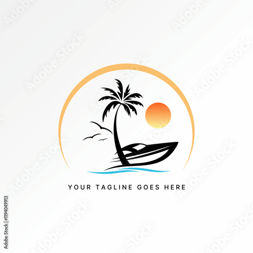 Logo design graphic concept creative premium vector stock image graphic palm boat bird wave sunset island travel tourism to yacht surf exotic paradise
