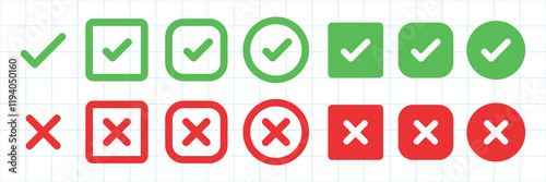 Set of green checkmark icons in various shapes: squares, circles, shields, and stars. Green checkmarks for approval, validation, and confirmation. Vector element set.