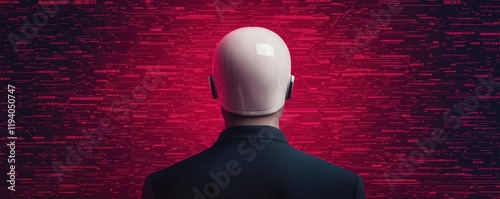 anti tracking anonymity concept. A figure with a blank head stands against a vibrant red digital backdrop. photo
