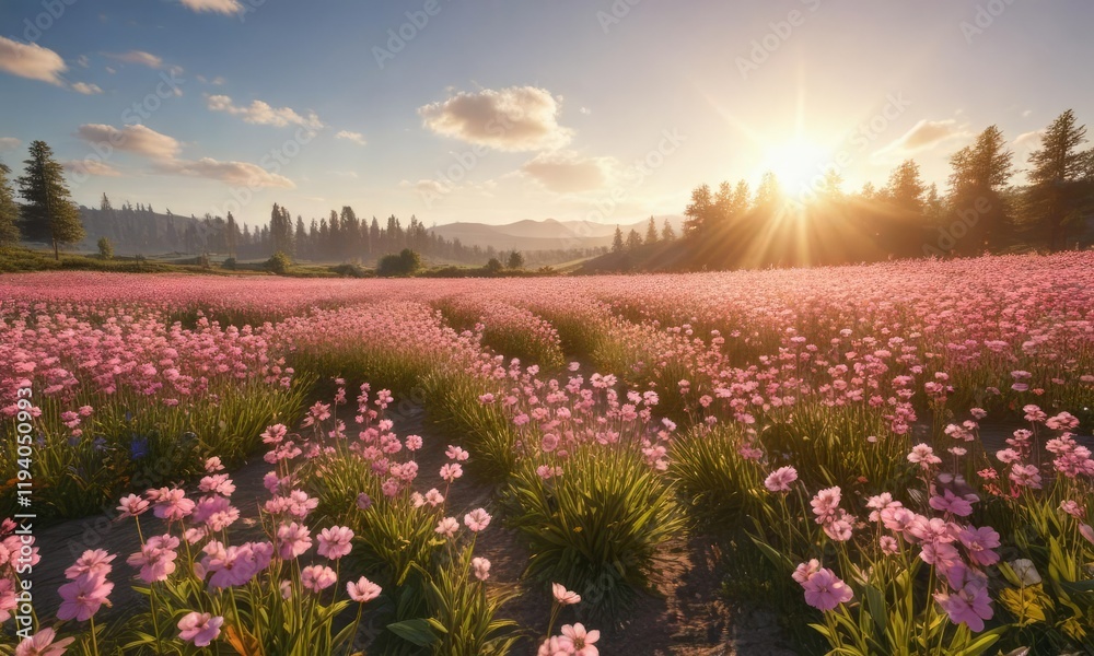 Obraz premium A large field of flowers under the radiant sunshine with tall stalks , flower field,