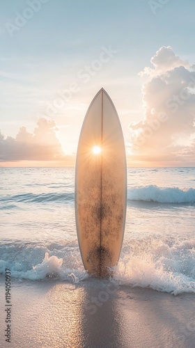 A surfboard stands in the ocean waves at sunset, capturing a serene beach scene.