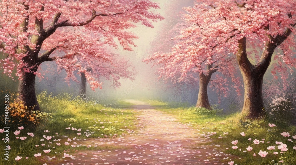Fototapeta premium Pink cherry blossom path, spring forest, misty background, digital art, idyllic scene