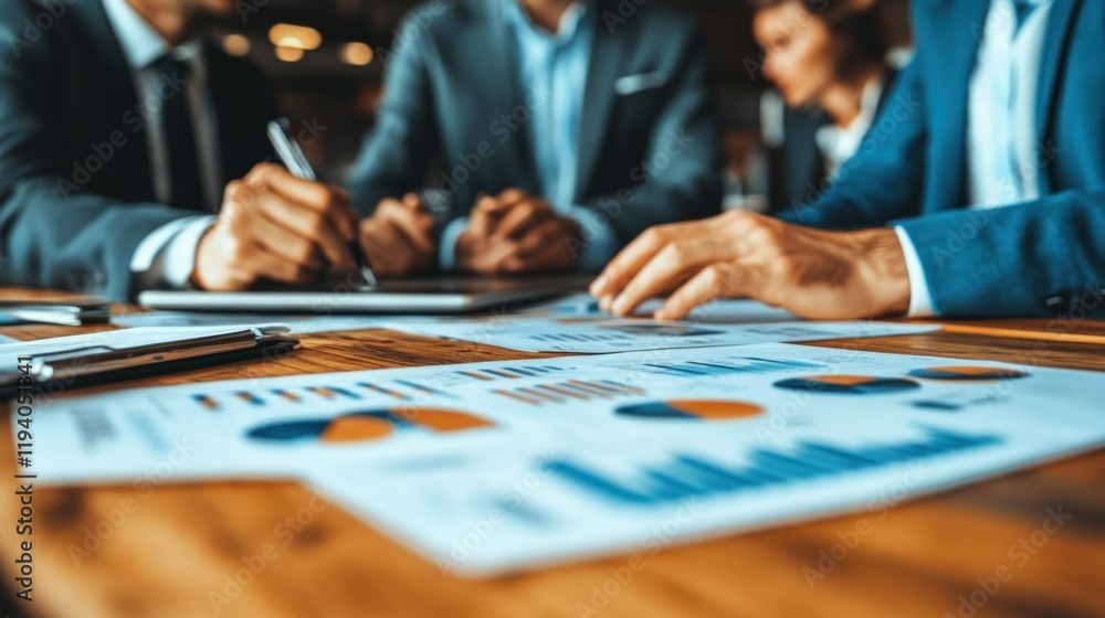 Businesspeople reviewing financial reports and data during a meeting. Businesspeople reviewing financial reports and data during a meeting.