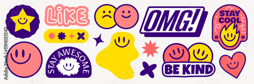 Colorful sticker set with smiley faces, stars, and phrases like 'OMG!', 'LIKE', 'BE KIND' Vibrant designs with playful emojis and positive messages Funky stickers, vector set