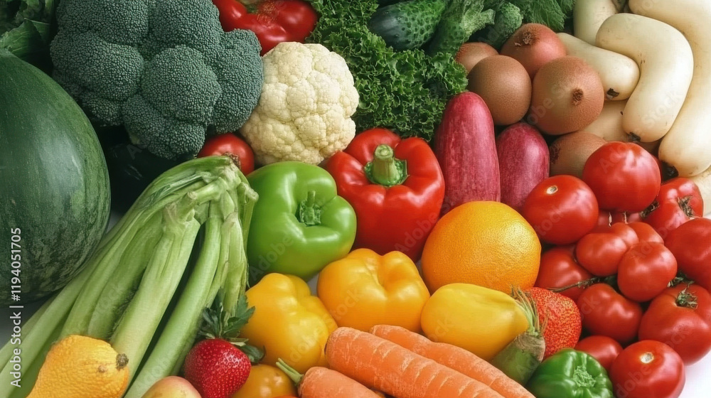 Fresh colorful vegetables and fruits arranged in vibrant pattern on white surface, symbolizing healthy diet and nutrition for digestive wellness and gut health. Fresh colorful vegetables and fruits arranged in vibrant pattern on white surface, symbolizing healthy diet and nutrition for digestive wellness and gut health.