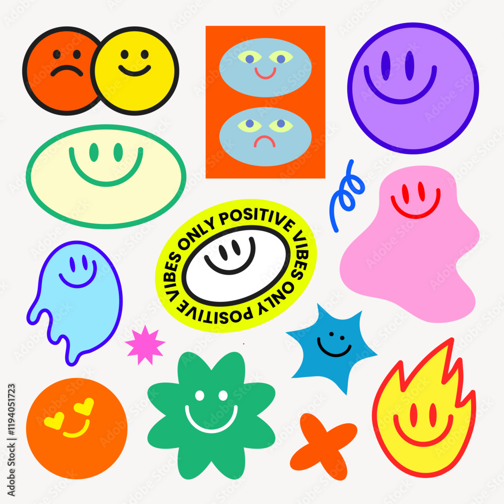 Colorful smiley faces and shapes in various designs Positive vibes with happy faces and vibrant colors Smiley faces bring joy and positivity Funky stickers, vector set Colorful smiley faces and shapes in various designs Positive vibes with happy faces and vibrant colors Smiley faces bring joy and positivity Funky stickers, vector set