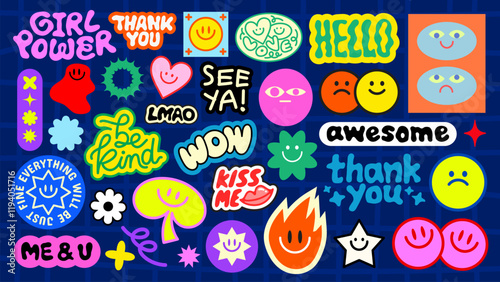Colorful stickers with playful phrases like 'cute', 'love', 'good vibes', and 'LOL' Bright designs with smiley faces and positive words Fun and vibrant vibes Funky stickers, vector set