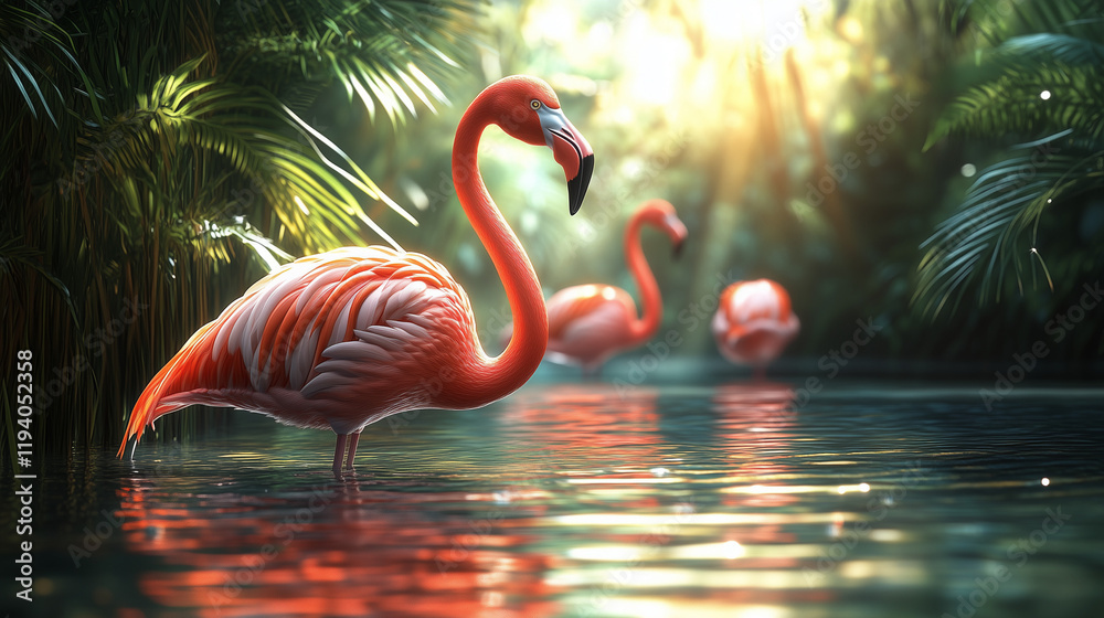 Fototapeta premium a flock of flamingos standing elegantly in a tranquil lagoon, their long legs casting soft shadows in the water, surrounded by lush green reeds and bright daylight enhancing their vibrant color