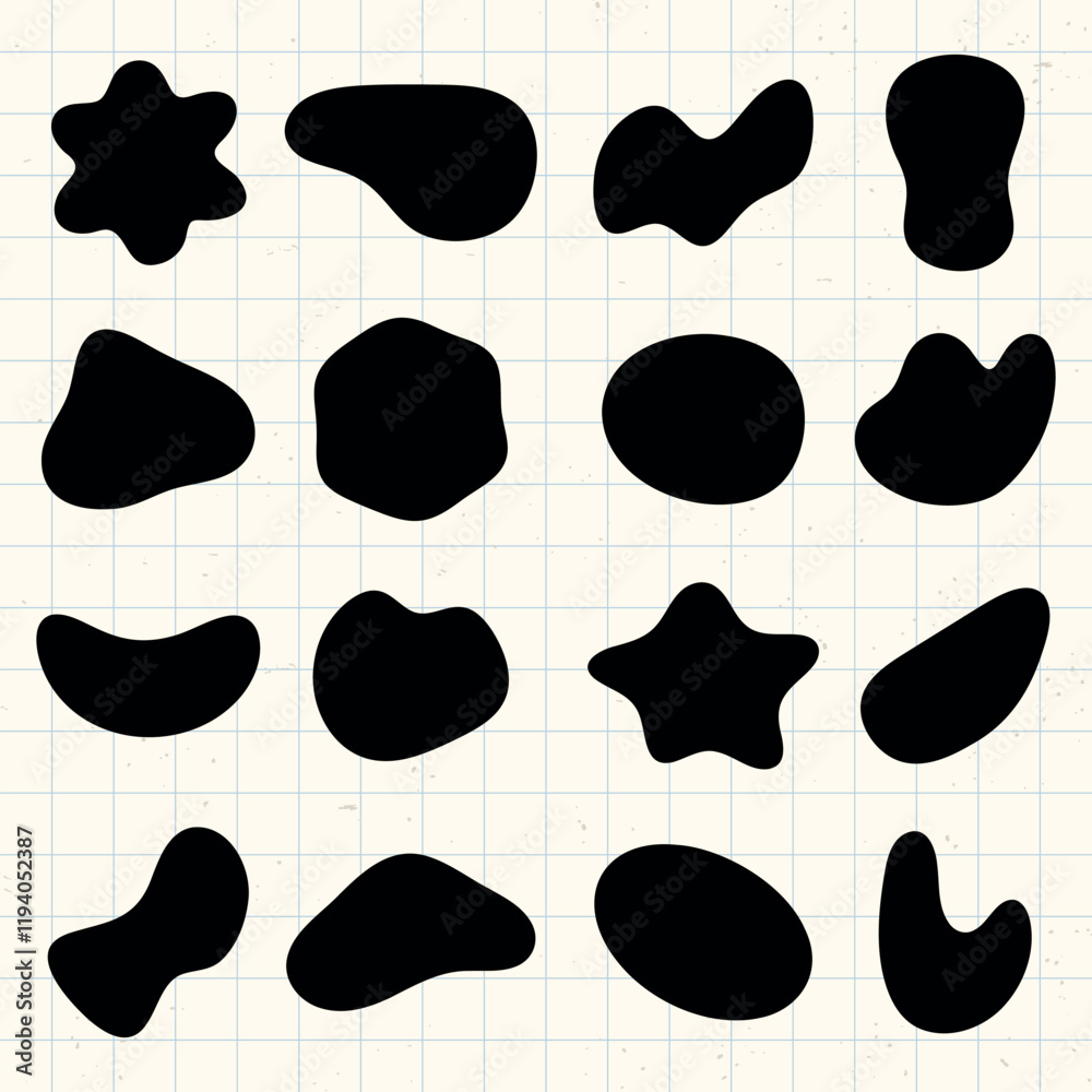 Set of 16 abstract black shapes on a grid background. Organic, abstract shapes vary in form. Perfect for design, abstract art, and creative projects. Black shape vector set.
