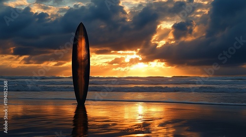 A surfboard stands on a beach at sunset, reflecting colors in the wet sand.