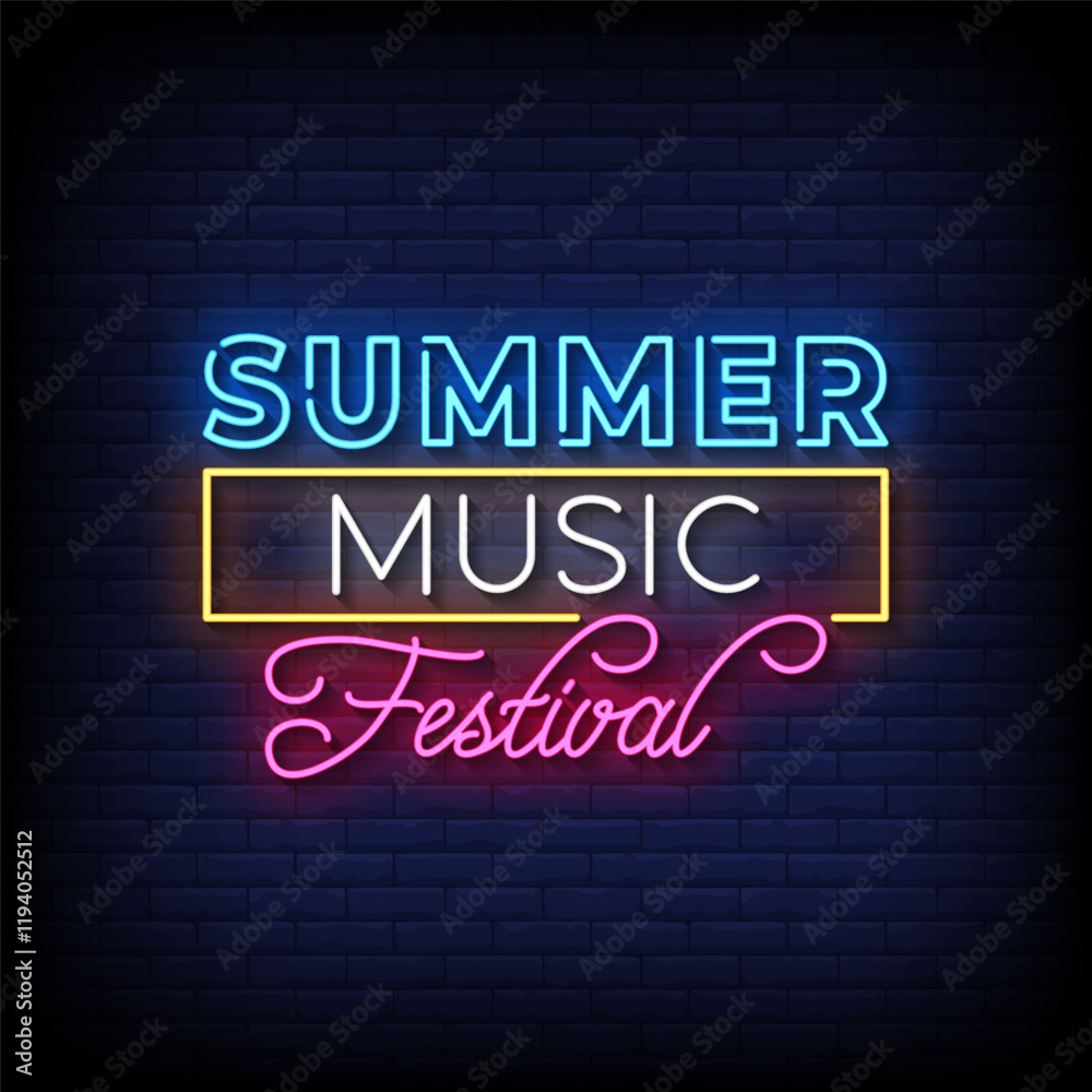 Obraz premium summer music festival neon sign with brick wall background vector