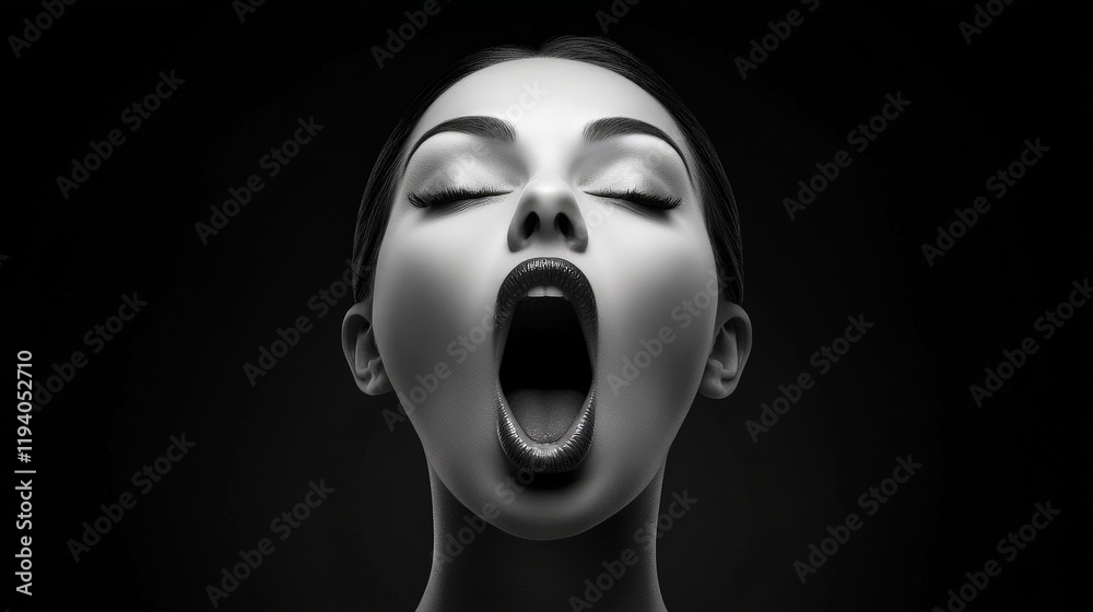 Vocal Power: A dramatic black and white close-up portrait of a woman with her mouth wide open in a powerful expression, capturing a moment of raw emotion and vocal intensity. Vocal Power: A dramatic black and white close-up portrait of a woman with her mouth wide open in a powerful expression, capturing a moment of raw emotion and vocal intensity.