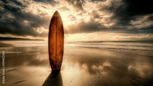 A surfboard stands on a beach at sunset, reflecting the serene beauty of the ocean.