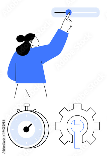 Individual interacting with adjustable slider, stopwatch, and gear symbolizing time management, optimization, and problem-solving. Ideal for productivity, customization, workflows, automation time