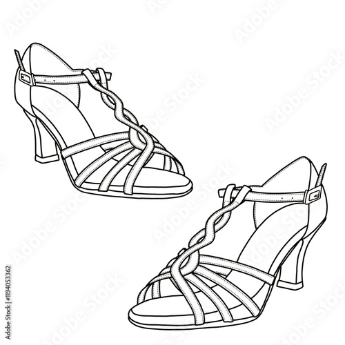 Technical sketch drawing of heels for woman line art. Women's ballroom dance shoes, Latin, and salsa dance shoes, tango dance shoe vector line art. Front and side view. Isolated on a white background