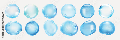 Transparent bubbles floating, various sizes. Clear bubbles on a transparent background. Light blue bubbles create a floating effect. Bubbles in motion. Soap bubble element vector set.