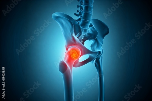 3D medical illustration highlighting hip joint pain with a red spot on a human skeleton.