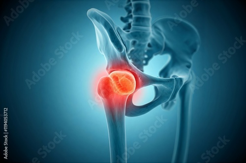 X-ray view of a human hip joint with highlighted pain area in red.