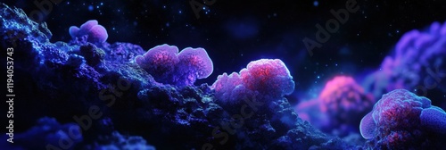 Bacteria emitting vibrant glow under ultraviolet light in a dark environment. Generative AI
