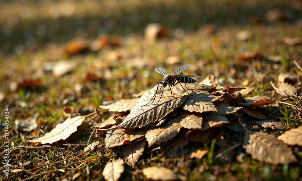 Naklejka premium A mosquito rests on the surface of a pile of dry leaves on a brown grassy area, wildlife photography, outdoor scene