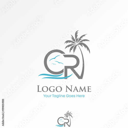 Logo design graphic concept creative premium vector stock image graphic initial CR font palm birds wave sunset island travel tourism exotic paradise