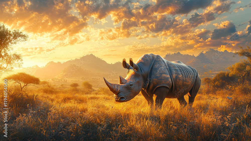 Fototapeta premium a solitary rhinoceros grazing peacefully on an open grassland, its thick skin glistening under soft golden sunlight