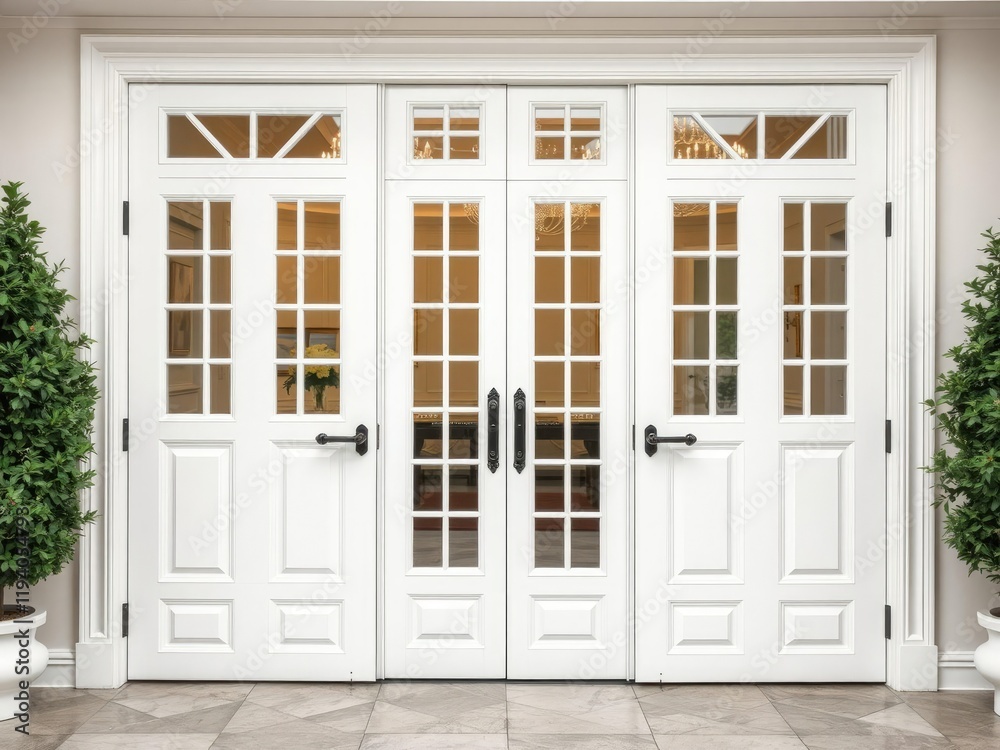 Fototapeta premium A pair of large glass doors in a crisp white finish adorned with ornate hardware, glass doors, modern entrance, contemporary style